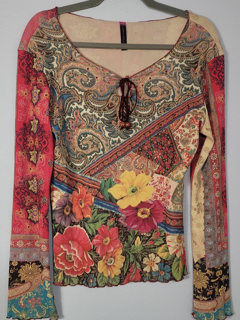 Vintage NU Construction Artsy Mixed Pattern Long Sleeve Top Size S/M